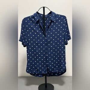 Uniqlo Navy Blue White Polka Dot Short Sleeve Button Blouse Size S